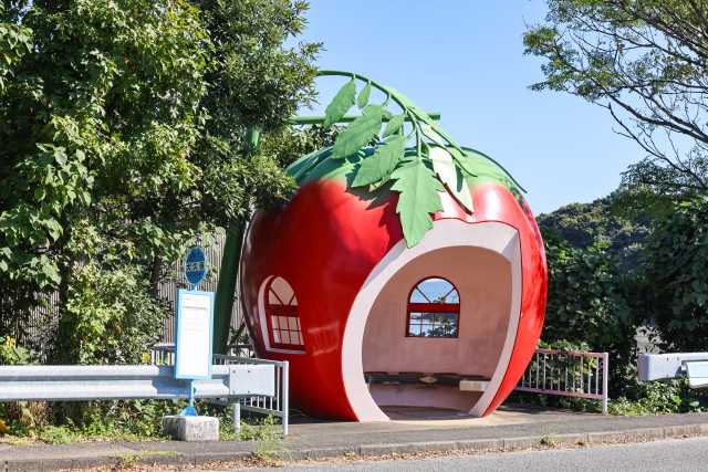 Os curiosos pontos de ônibus em formato de frutas, no distrito de Konagai em Isahaya, Nagasaki 