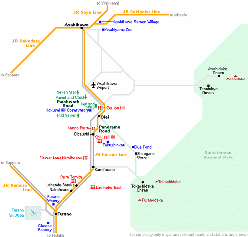 Mapa Furano, Biei e Lagoa Azul