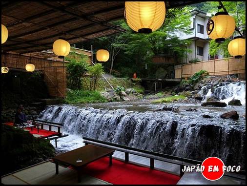 Kawadoko refeições em plataformas construídas no Rio Kibune na prefeitura de Kyoto