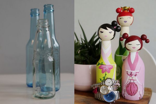 Inspire-se e transforme garrafas de vidro usadas em bonecas kokeshi