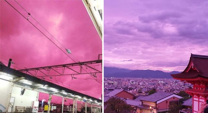Horas antes da passagem do tufão Hagibis, o céu do Japão ganhou tons de rosa e violeta