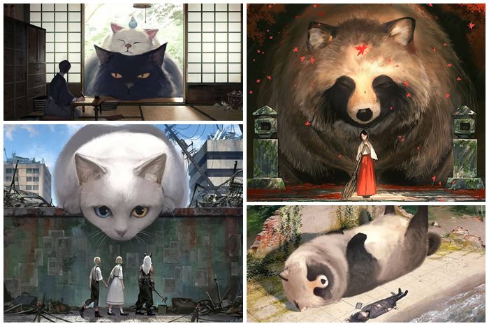 Ilustrador japonês imagina um mundo onde humanos vivem entre animais gigantes