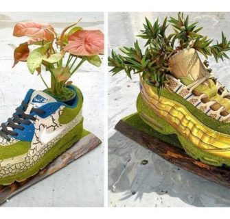 Artista japonesa transforma tênis vintage em vasos de plantas