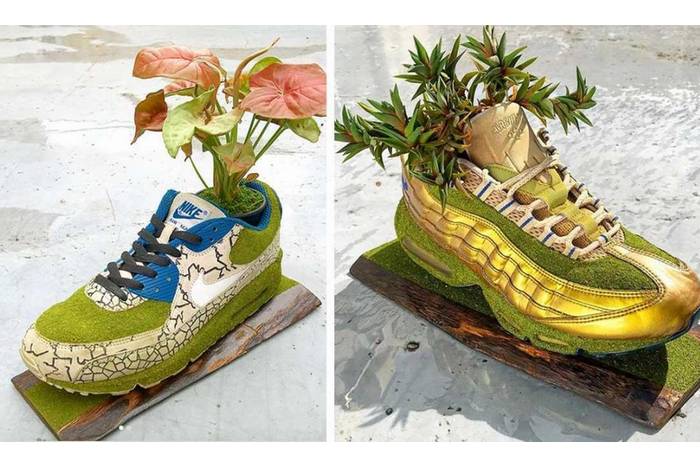 Artista japonesa transforma tênis vintage em vasos de plantas