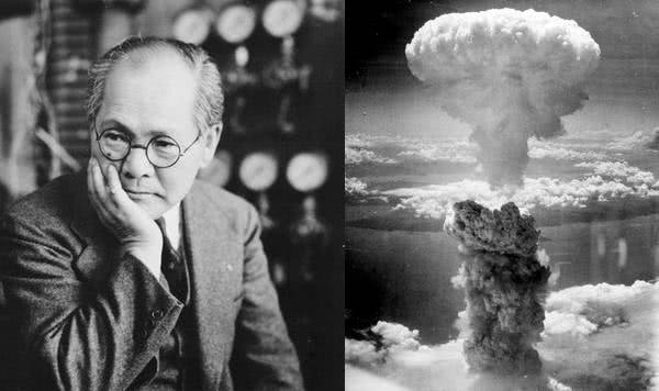 À esquerda, o físico Yoshio Nishina. À direita, a explosão da bomba de Hiroshima 