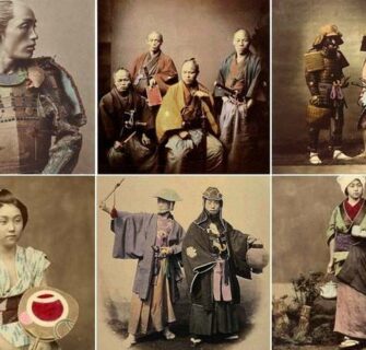 Belas fotografias coloridas à mão dos guerreiros samurai e suas cortesãs