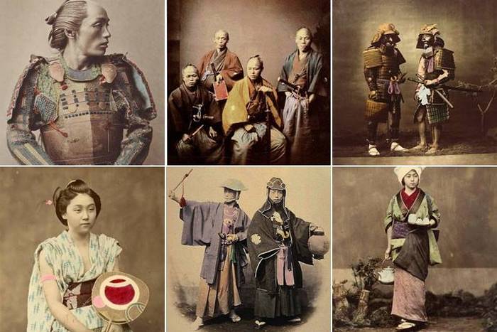 Belas fotografias coloridas à mão dos guerreiros samurai e suas cortesãs