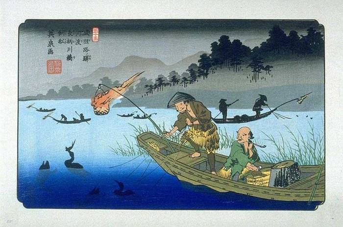 Xilogravura de Keisai Eisen representando a pesca com cormorão no rio Nagara durante o período Edo