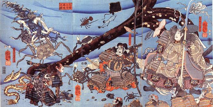 Heikegani com rostos humanos retratados em uma impressão ukiyo-e por Utagawa Kuniyoshi (Wikimedia Commons)