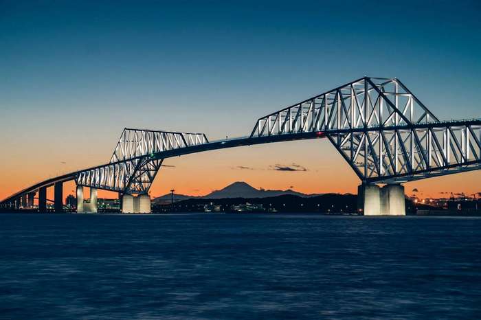 Baía de Tóquio, Ponte Gate e Monte Fuji ao pôr do sol