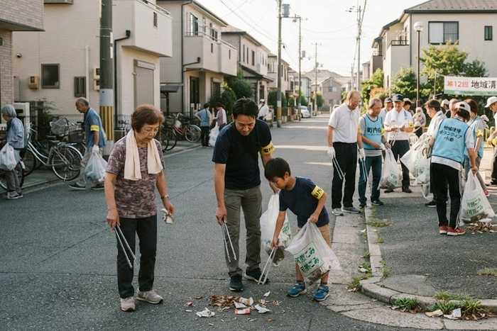 Mutirões de limpeza realizada por moradores no bairro onde moram no Japão