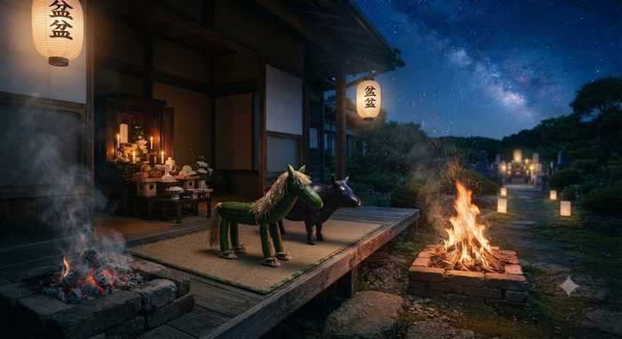 Cavalos e bois de pepino e berinjela no Obon japonês