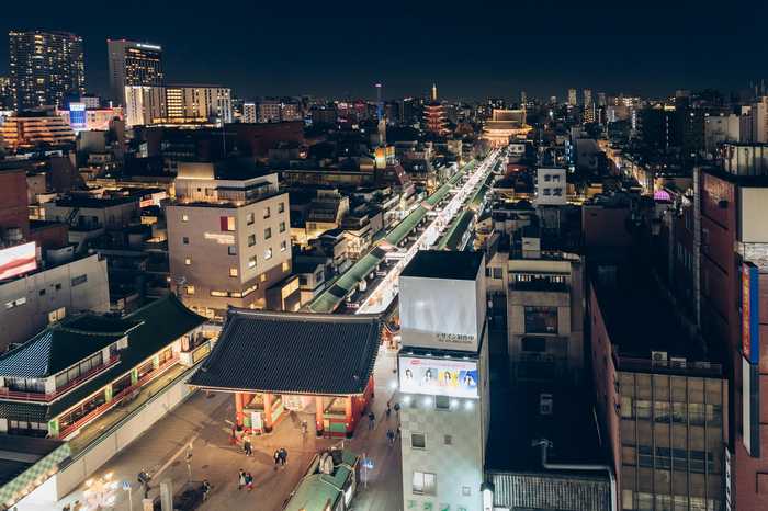 Vista aérea de Nakamise Street e Templo Sensoji em Asakusa em Tóquio 