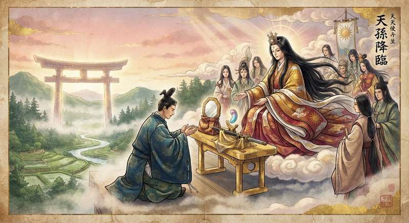 Amaterasu entrega ao seu neto Ninigi três objetos sagrados